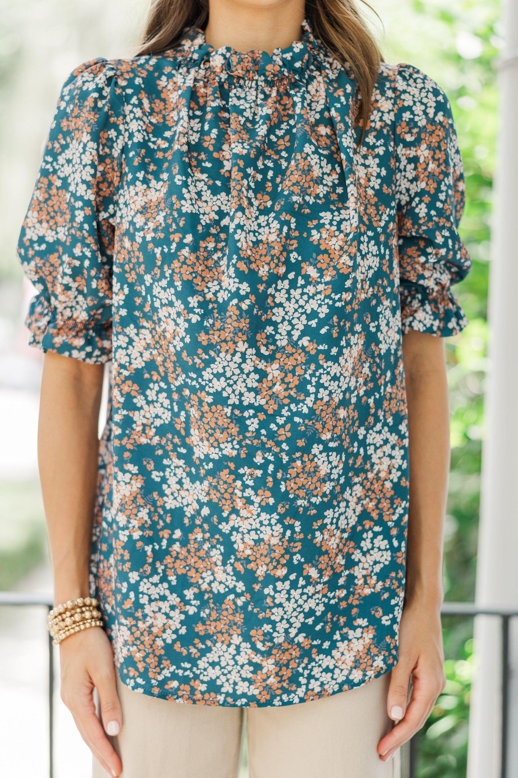 This Is The Time Teal Blue Ditsy Floral Blouse Female Product Image