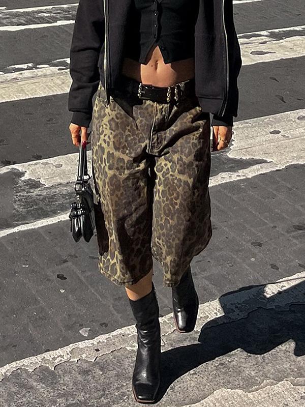 Trendy Street Style Leopard Print Denim Shorts Product Image