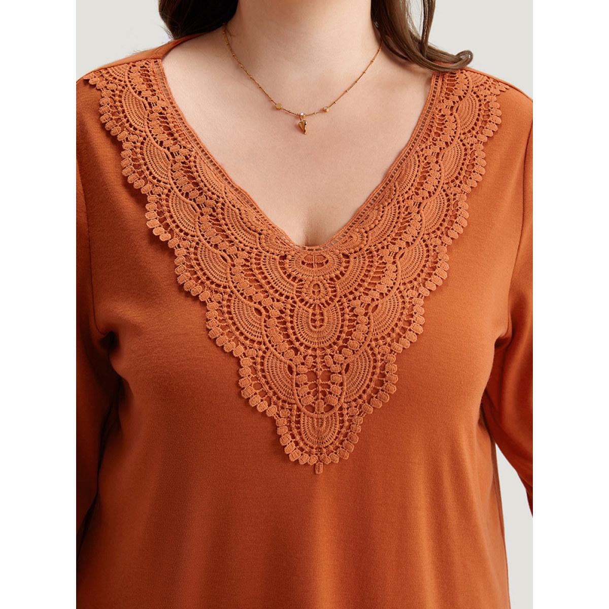 Plus Size Lace Panel V Neck T-shirt Chocolate Women Elegant Plain Plain V-neck Dailywear T-shirts BloomChic 12/L Product Image