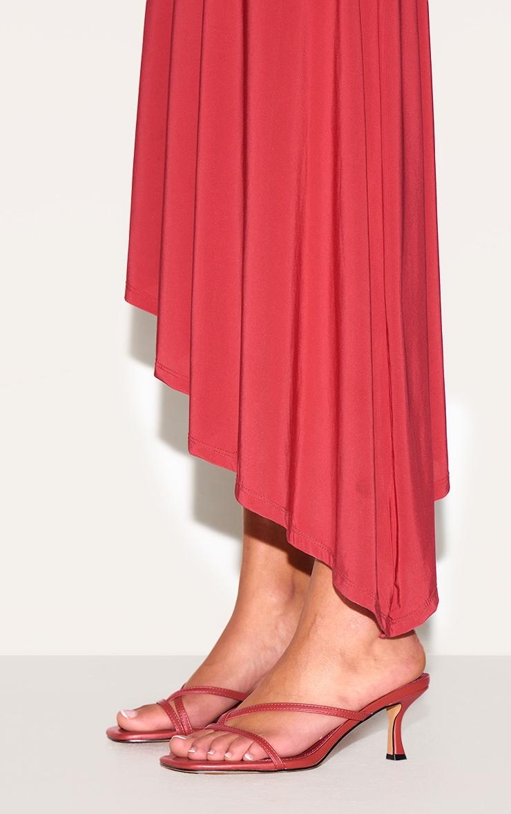 Red Pu Square Toe Strappy Toe Thong Mid Stiletto Heeled Mules Product Image