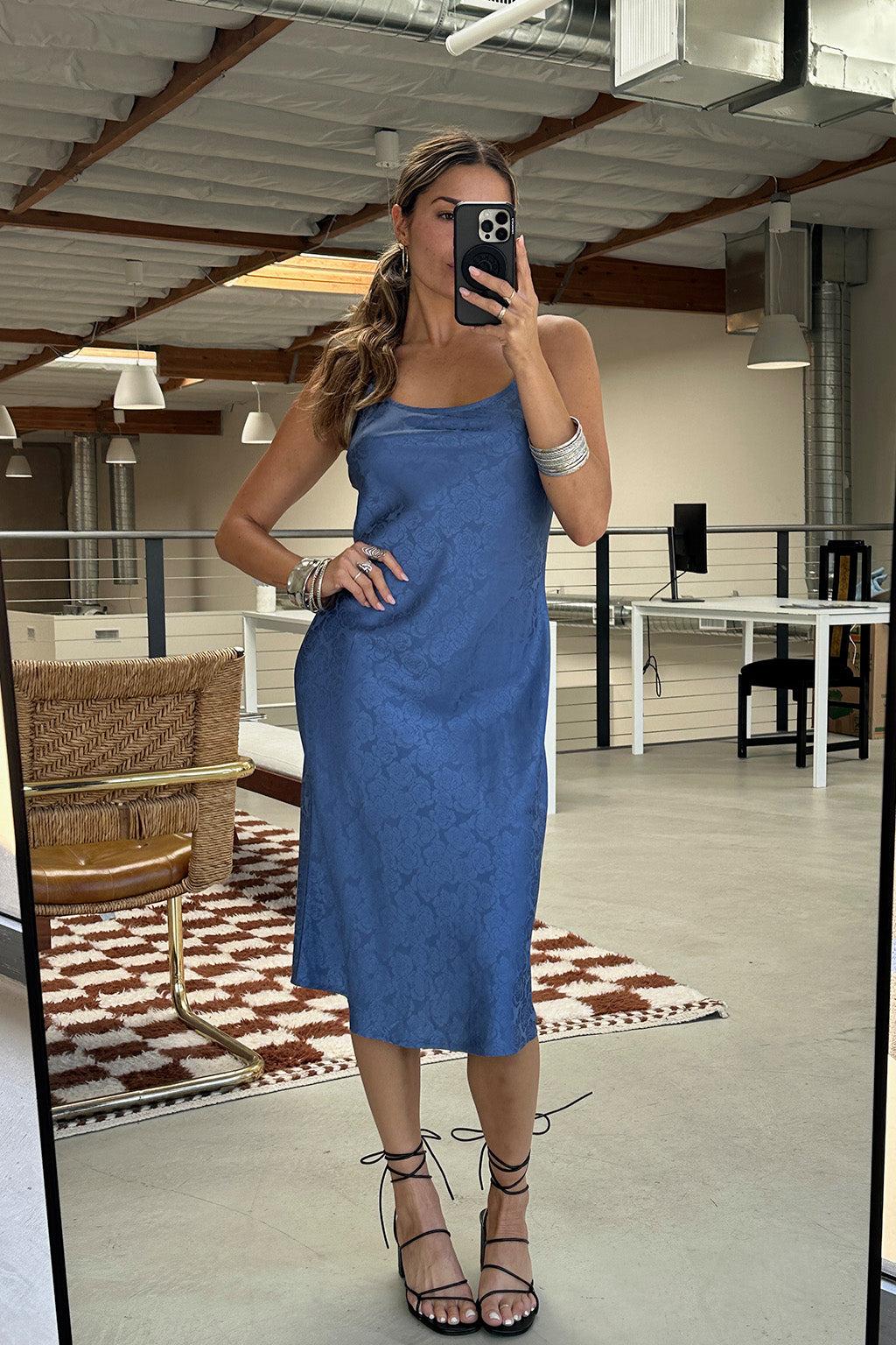 Aubrey Blue Satin Jacquard Midi Dress Product Image