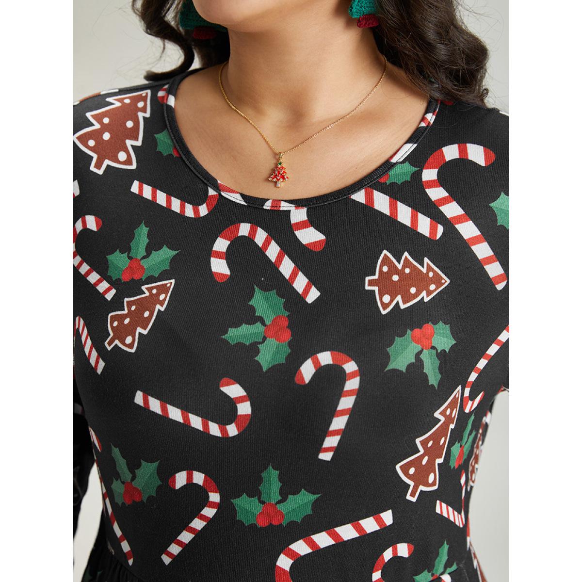 Plus Size Christmas Print Pocket Elastic Waist Dress Black Women Playful Printed Round Neck Long Sleeve Curvy Midi Dress BloomChic 12/L Product Image