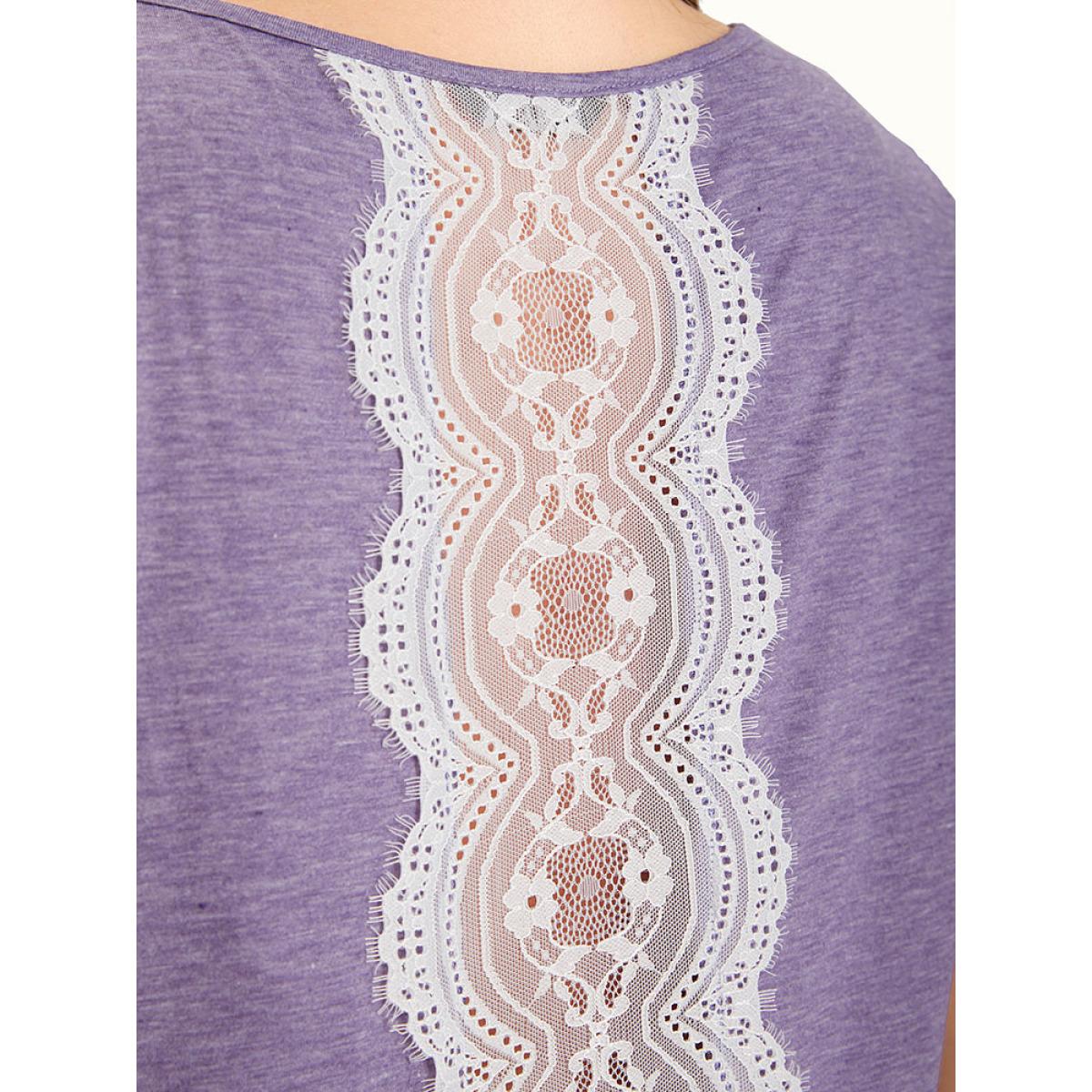 Plus Size Plain Contrast Lace Heather T-shirt Mauve Women Elegant Heather Plain Round Neck Dailywear T-shirts BloomChic 30/6X Product Image