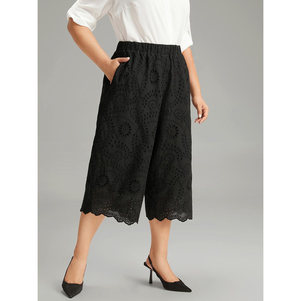 Plus Size Solid Broderie Anglaise Scalloped Trim Cropped Pants Women Black Elegant Straight Leg High Rise Dailywear Pants BloomChic 14-16/1X Product Image