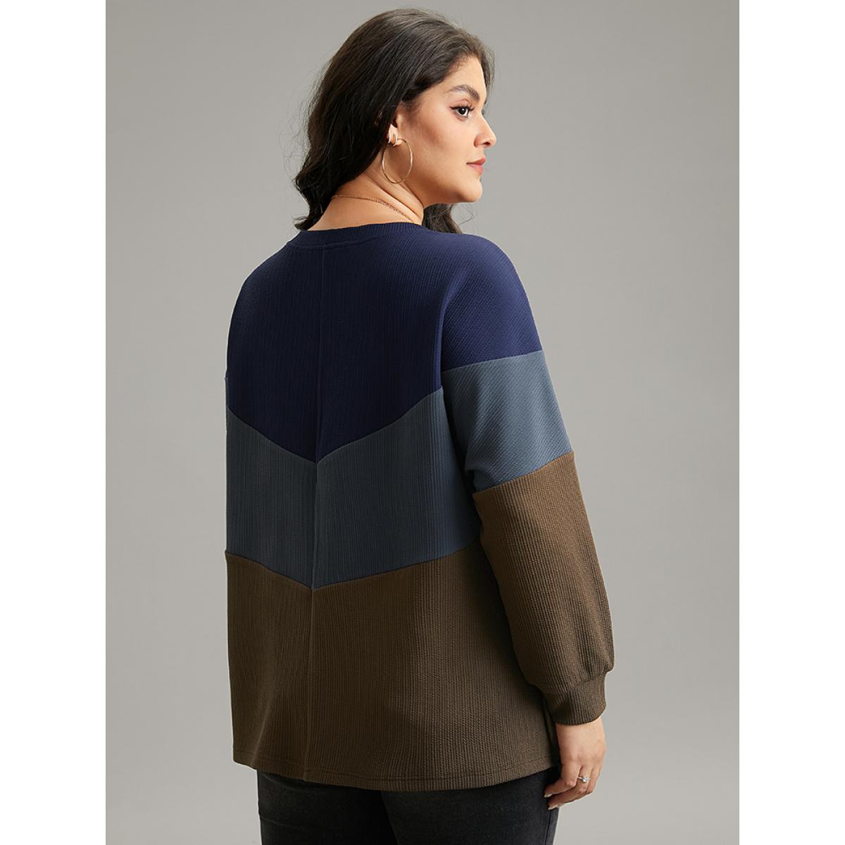 Plus Size Colorblock Rib Knit Drop Shoulder Sweatshirt Women Multicolor Casual Contrast Round Neck Dailywear Sweatshirts BloomChic 12/L Product Image