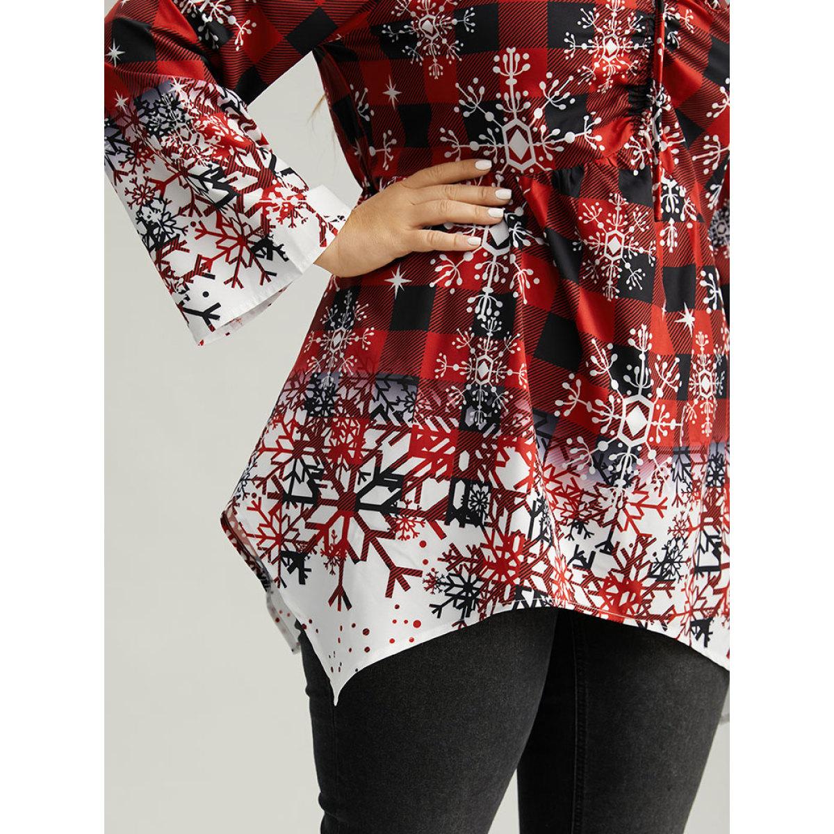 Plus Size Scarlet Oh-so-Chilly Plaid Ties Hanky Hem Blouse Women Elegant Long Sleeve V-neck Festival-Christmas Blouses BloomChic 28/5X Product Image