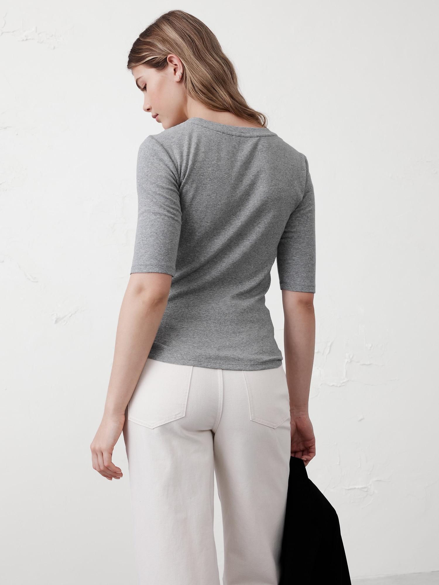 Ribbed Elbow-Sleeve T-Shirt Product Image