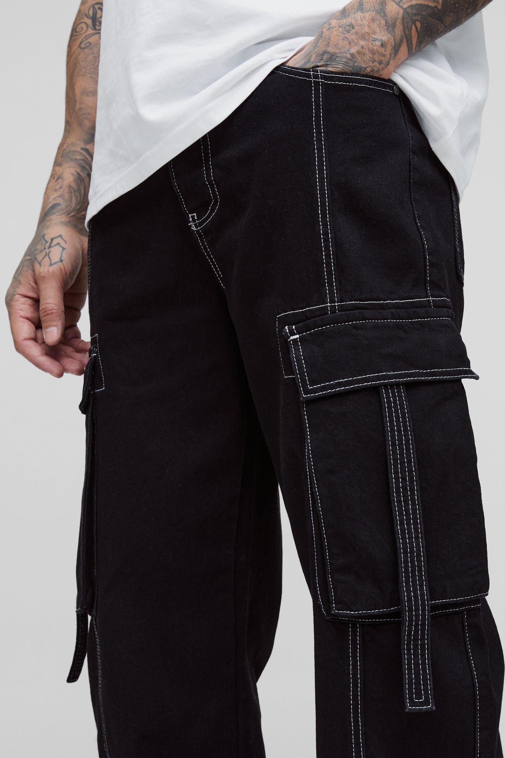 Tall Contrast Stitch Strap Detail Wide Leg Cargo Jeans | boohooMAN USA Product Image