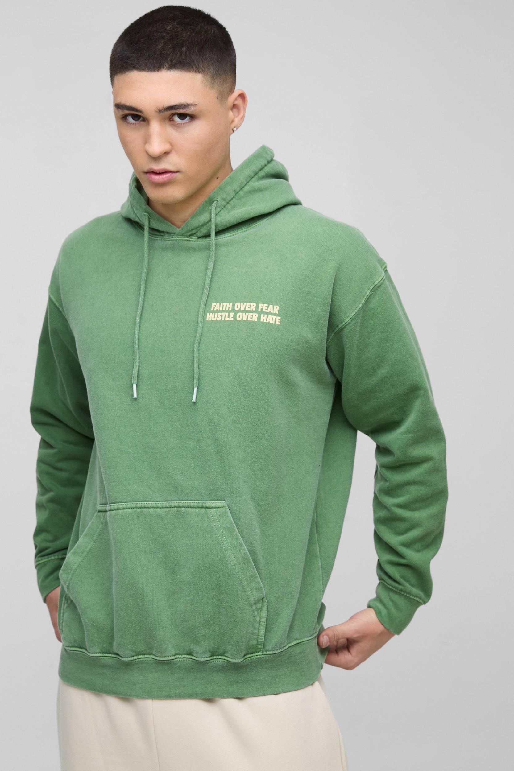 Regular Fit Washed Faith Over Fear Text Puff Print Graphic Hoodie | boohooMAN USA Product Image