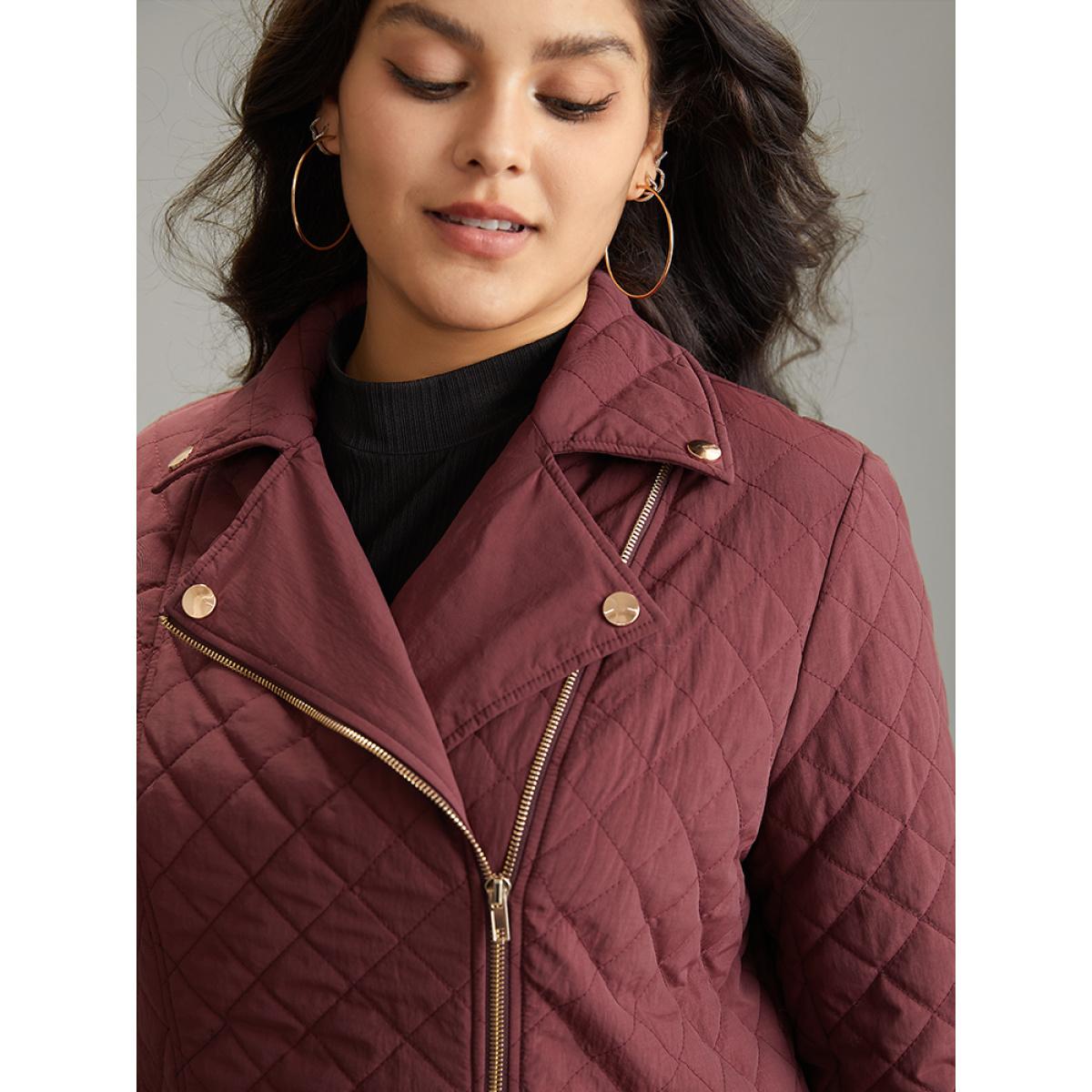Plus Size Zipper Fly Quilted Button Detail Lapel Collar Jacket Women Burgundy Texture Pocket Dailywear Jackets BloomChic 28/5X Product Image