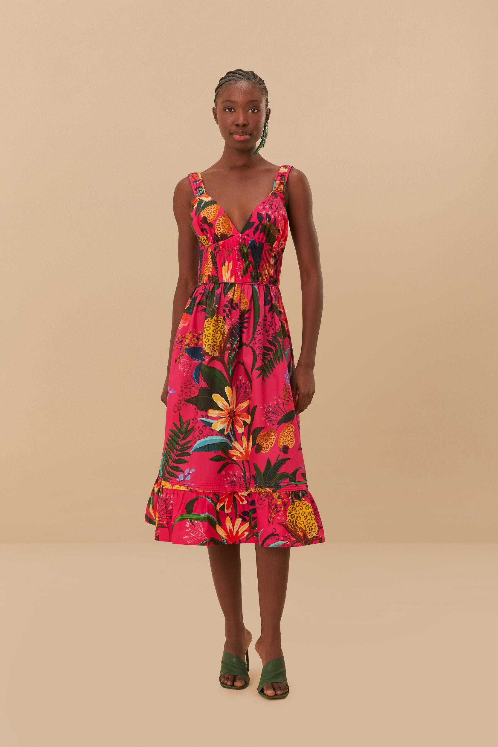 Pink Leopard Flowers Organic Cotton Midi Dress Product Image