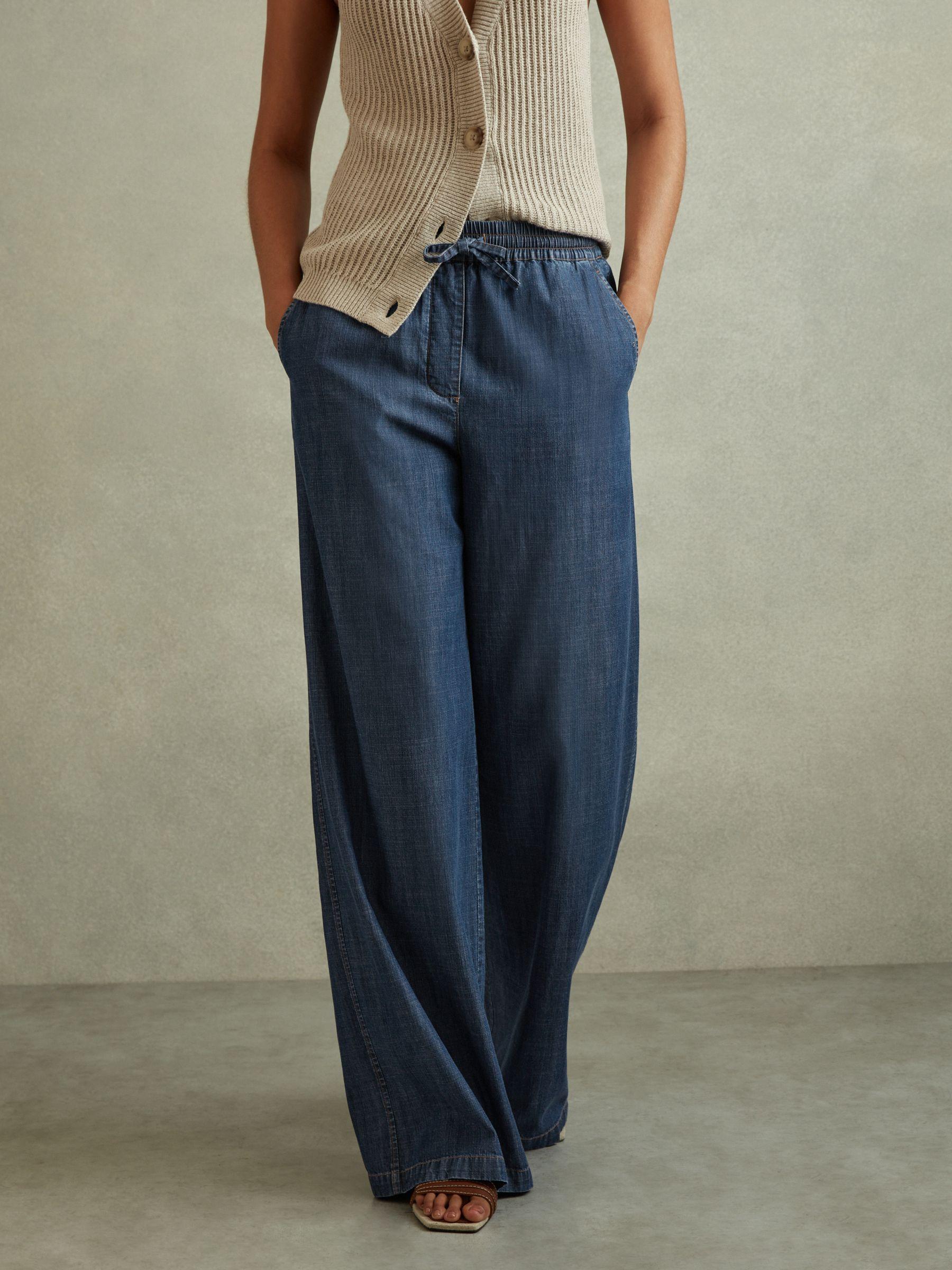 Denim Look Wide Leg Trousers in Mid Blue Product Image