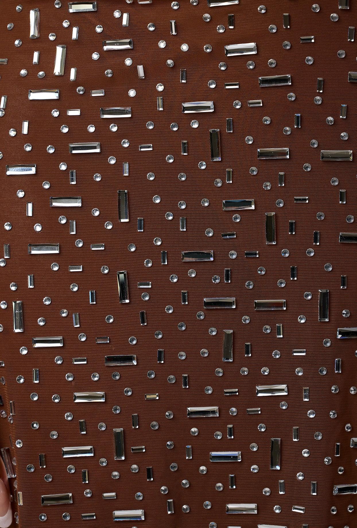 Sheer Embellished V Waist Mini Skirt in Mocha Product Image