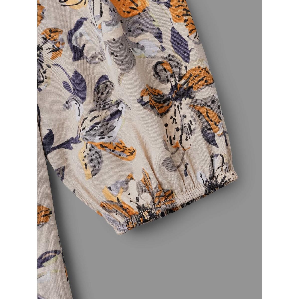 Plus Size Floral Stretchy Waist-Cinched Pocket Dress Tan Women Elegant Non Round Neck Long Sleeve Curvy BloomChic 30/6X Product Image