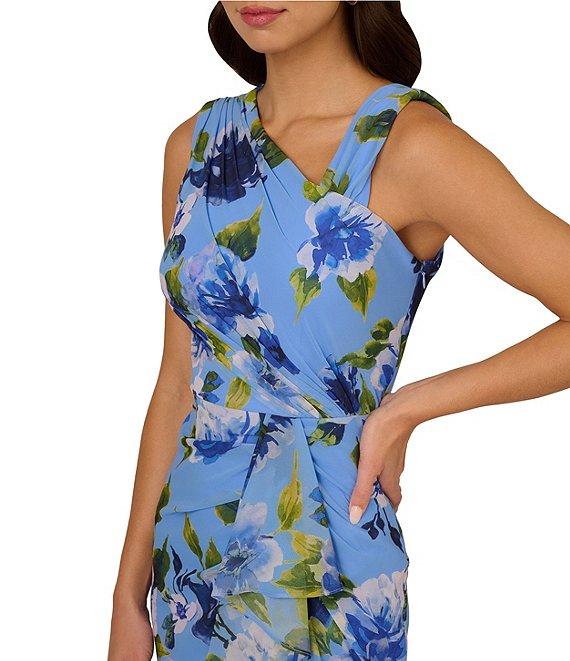 Adrianna Papell Floral Print Chiffon Asymmetrical Neck Sleeveless Front Ruffle Twist Column Dress Product Image