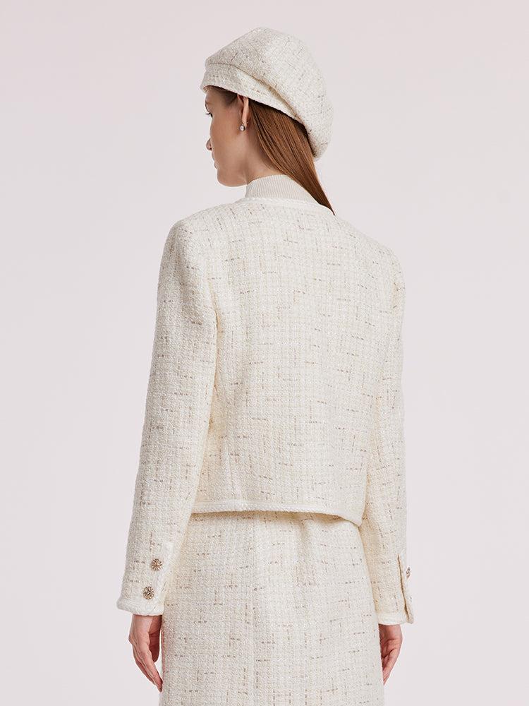 White Knitted Tweed Crop Jacket Product Image