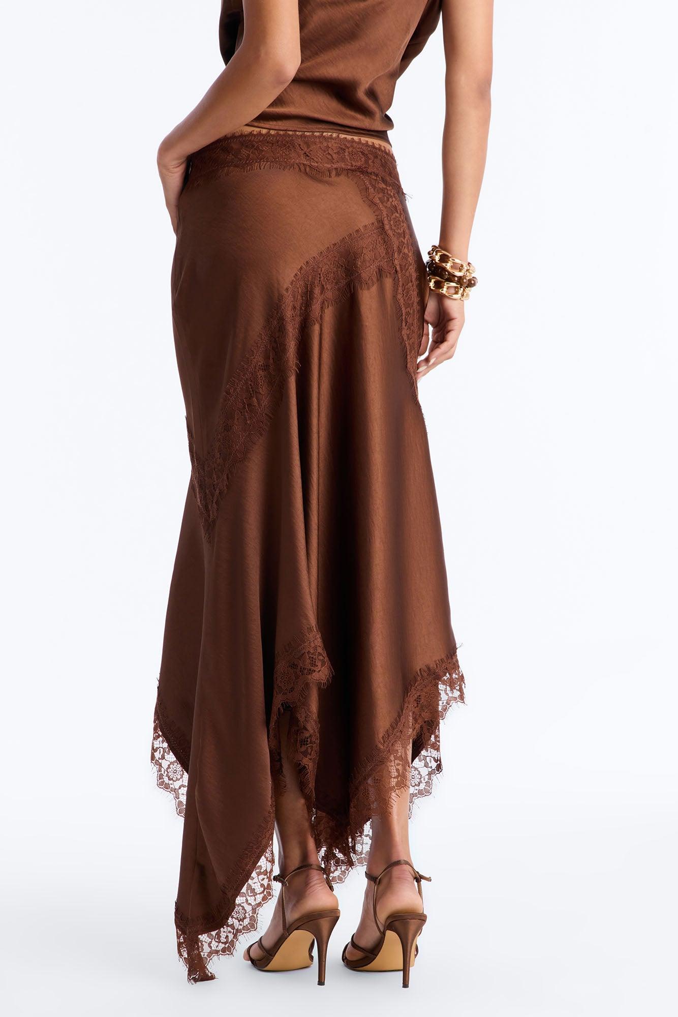 Romance Me Satin Lace Trim Midi Skirt - Brown Female Product Image