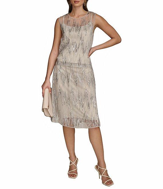 Donna Karan Sequin Mesh Crew Neck Sleeveless Top Product Image