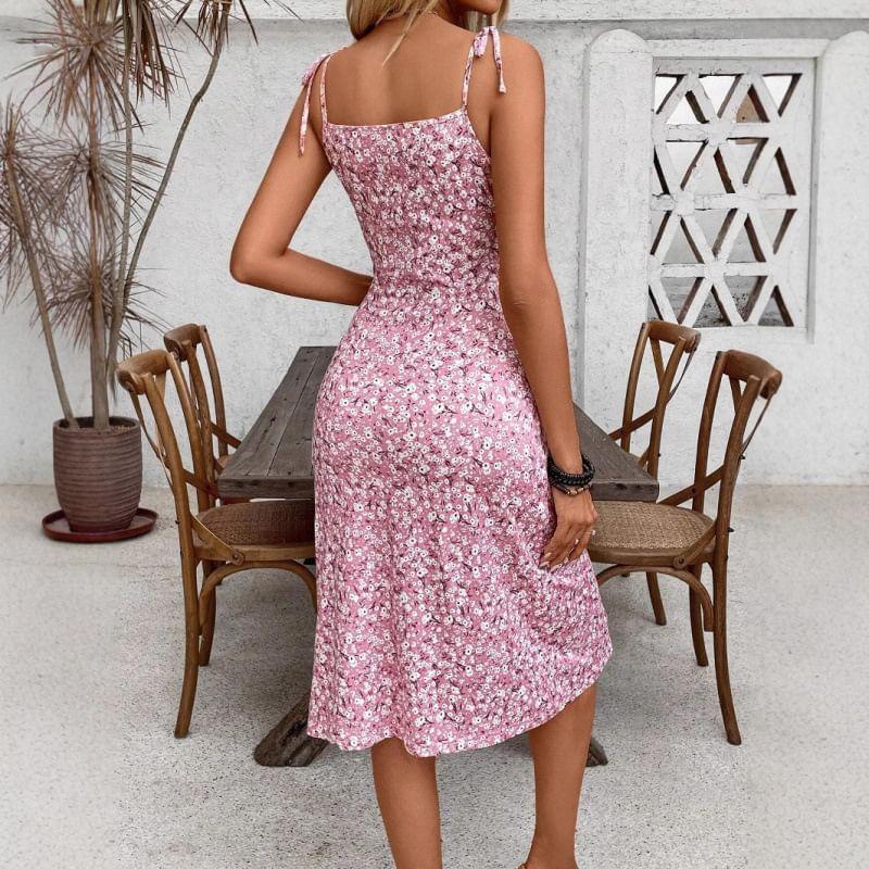 Spaghetti Strap Scoop Neck Floral Slit Midi Bodycon Dress Product Image