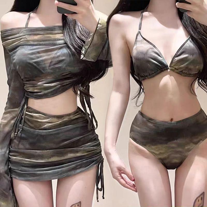 Set: Halter Print Bikini Top + Bottom + Long-Sleeve Drawstring Cover Up Top + Skirt Product Image