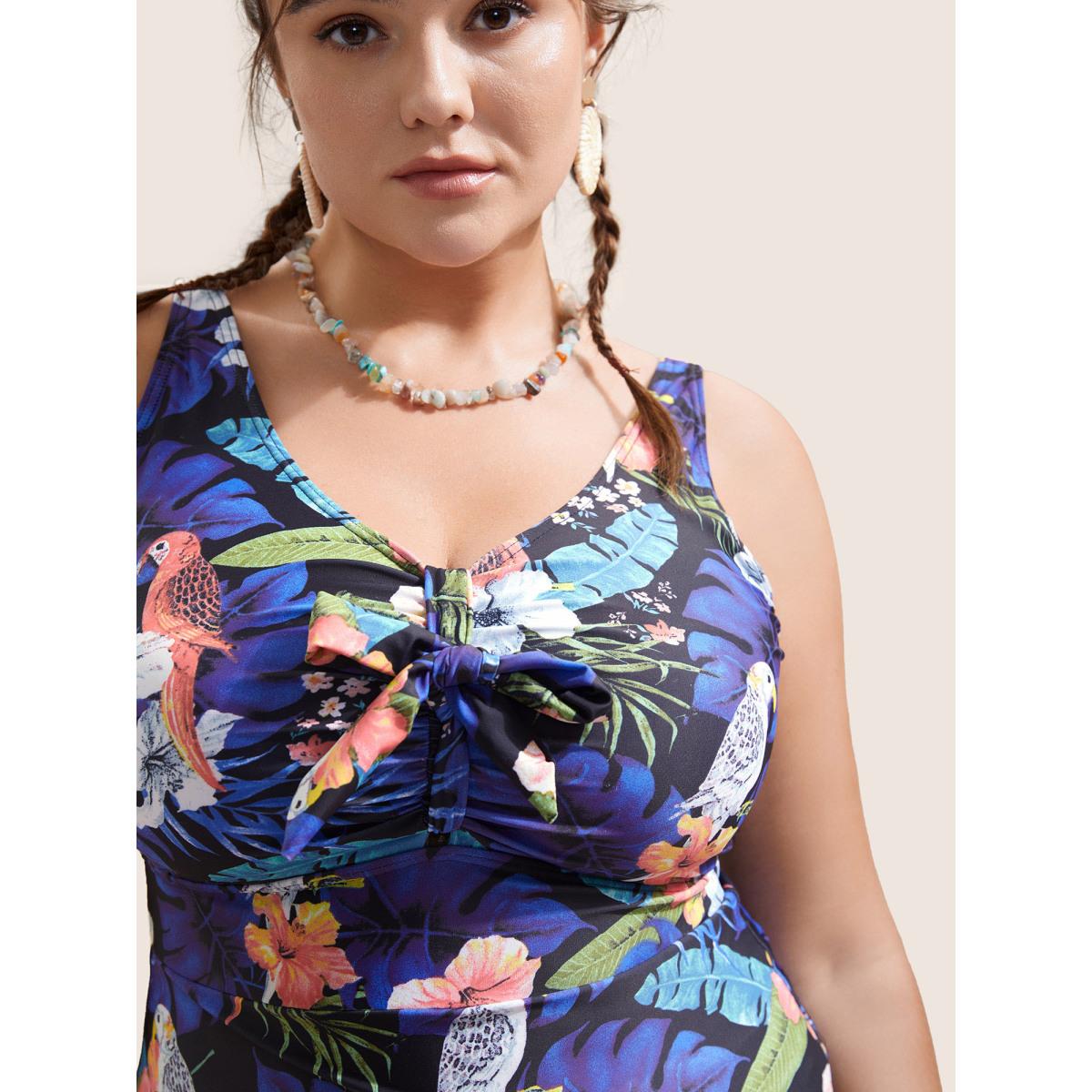Plus Size Tropical Print Knotted Tummy Control One Piece Swimsuit Women's Swimwear Multicolor Beach Non Curve Bathing Suits High stretch One Pieces BloomChic 12/L Product Image