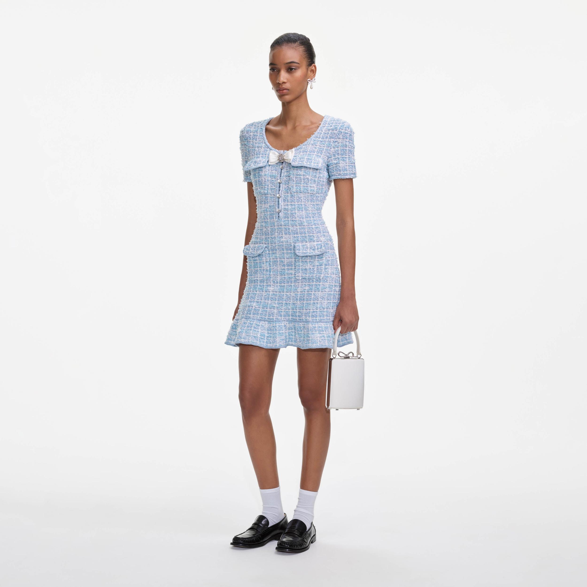 Blue Check Knit Mini Dress Product Image