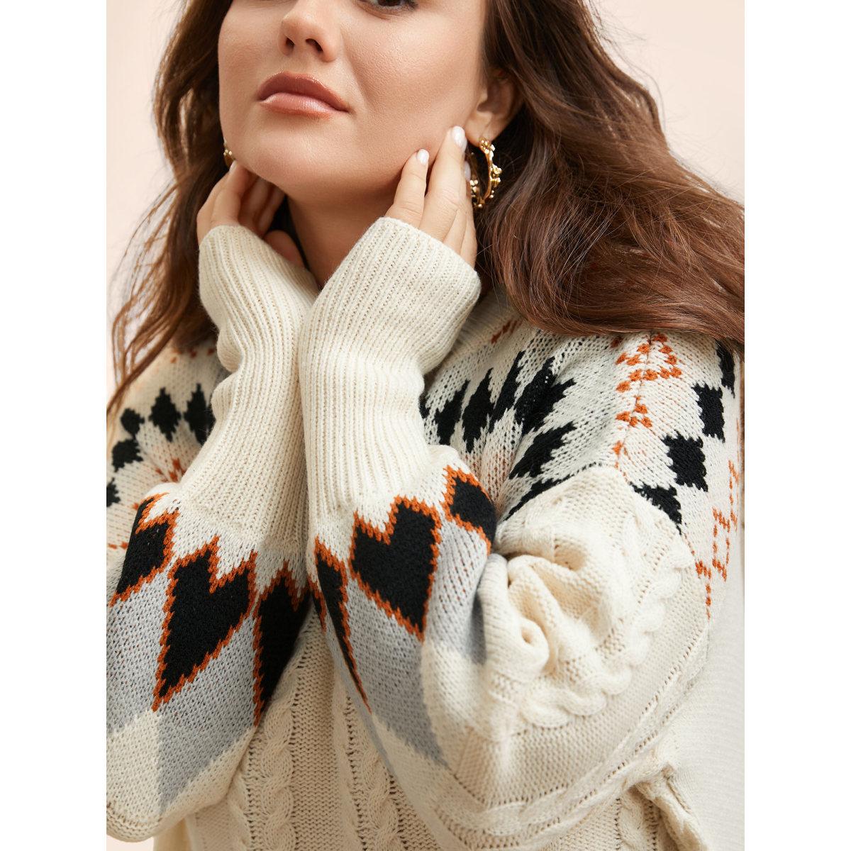 Plus Size Fair Isle Crew Neck Split Hem Pullover Beige Women Leisure Long Sleeve Round Neck Casual Pullovers BloomChic 28/5X Product Image