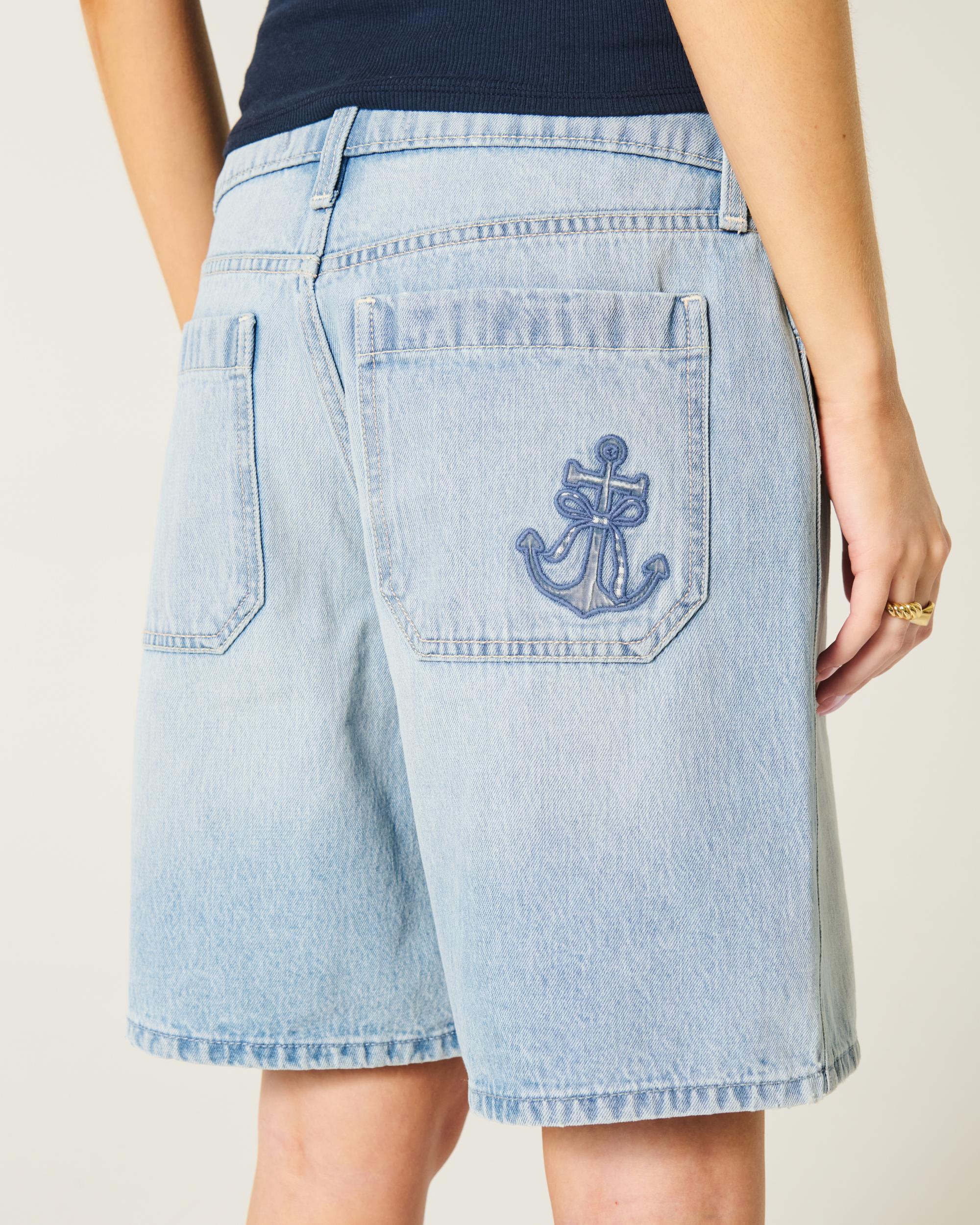 Low-Rise Medium Wash Number Graphic Baggy Jort Product Image