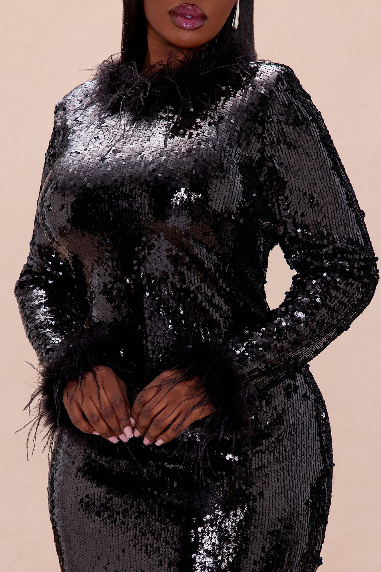 High Glam Feathered Sequin Maxi Dress - Black Female Product Image