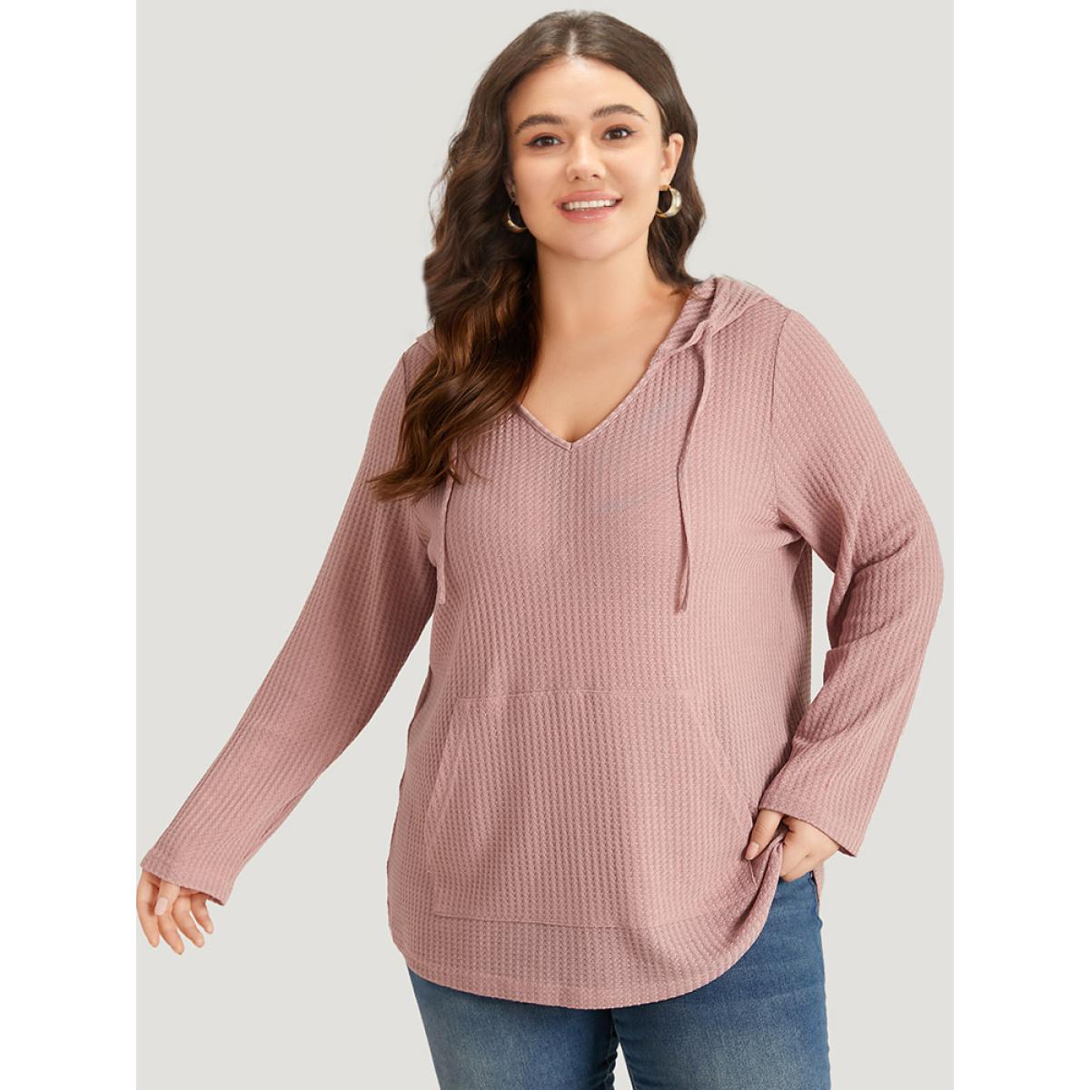Plus Size Plain Waffle Knit Pocket Drawstring Hooded Sweatshirt Women Pink Casual Plain Hooded Dailywear Sweatshirts BloomChic 14-16/1X Product Image