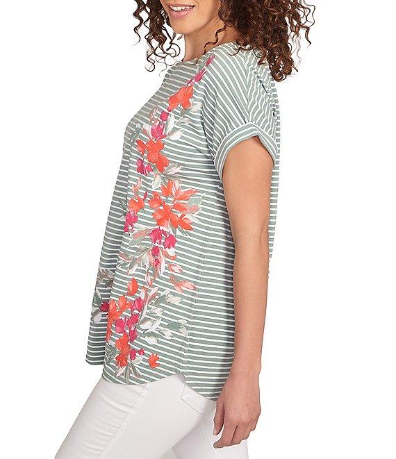 Ruby Rd. Soft Jersey Knit Floral Stripe Boat Neck Short Cuff Sleeve Top Product Image