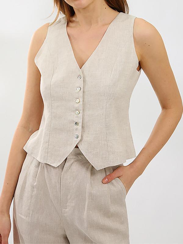 Solid Color  Sleeveless Buttoned Deep V-Neck Vest Top + Pleated Straight Leg Pants Bottom Two Pieces Set Product Image