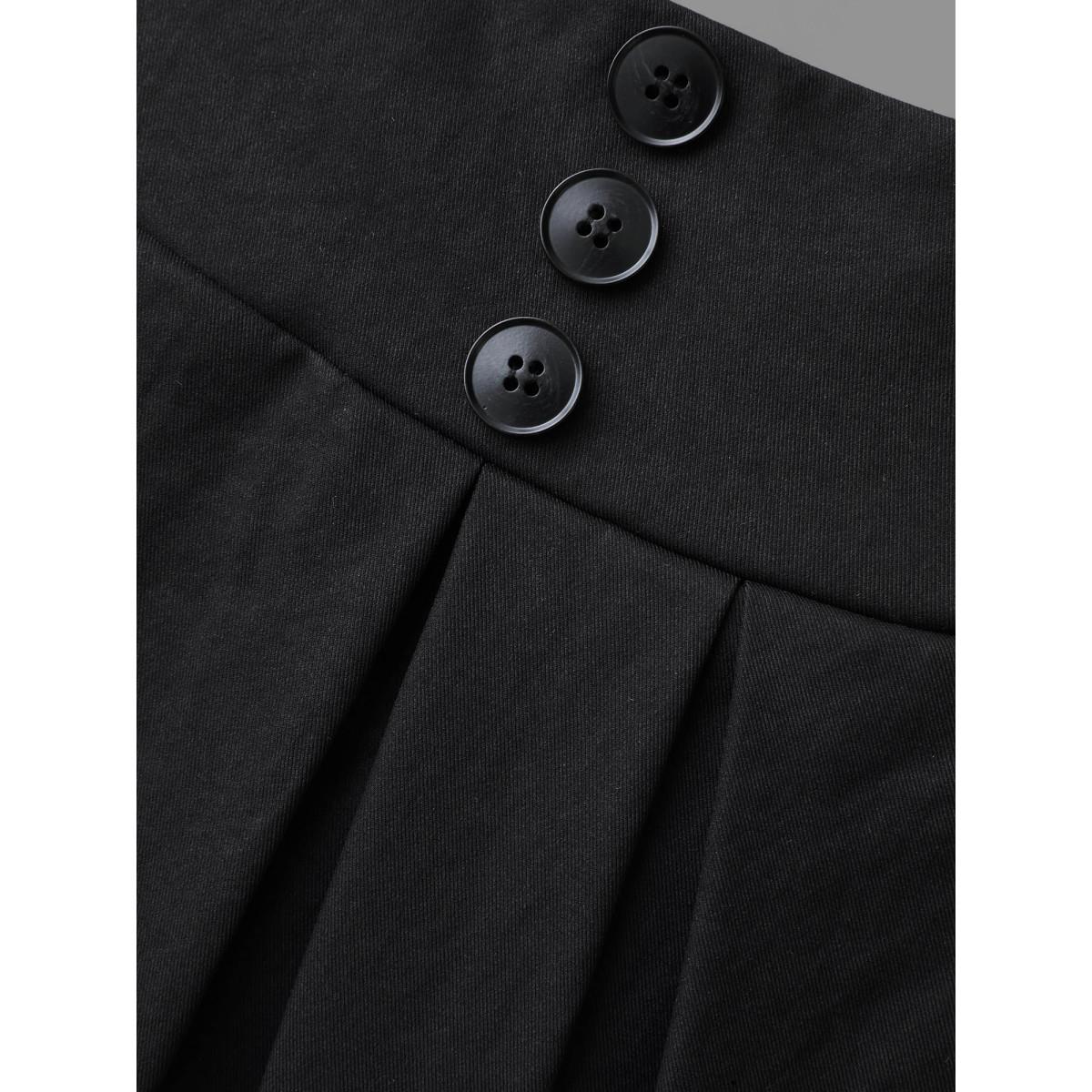 Plus Size Elastic Waist Fastener Pleated Skirt Women Black Elegant Button Low stretch Slanted pocket Everyday Skirts BloomChic 14-16/1X Product Image
