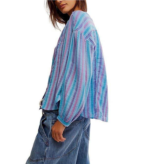 Free People We The Free Striped Valley Double Cloth Banded Collar Long Sleeve Shirt Product Image