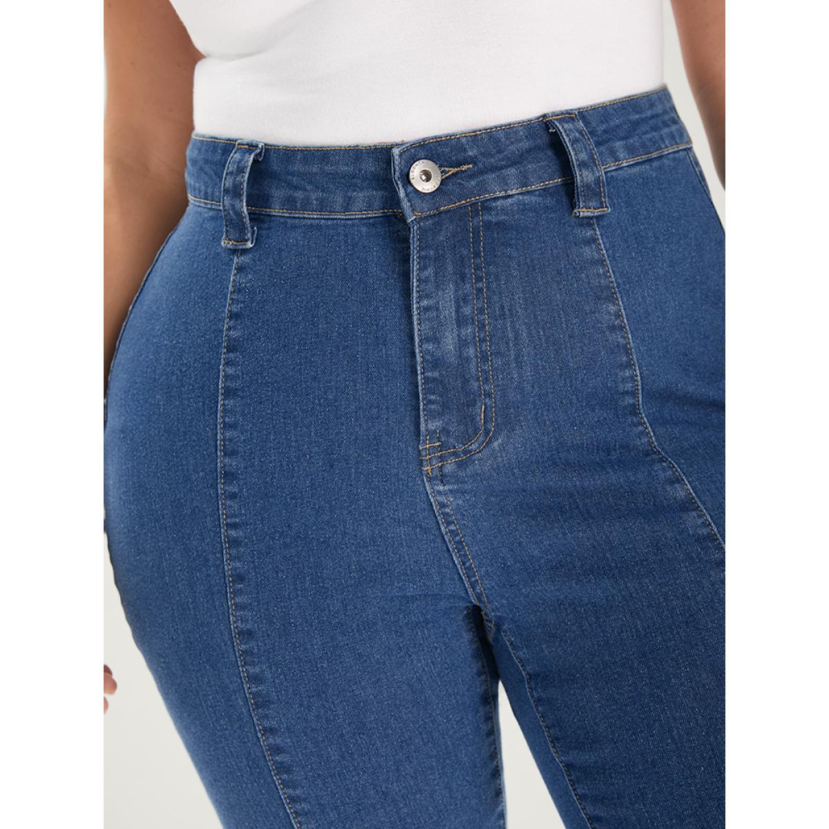 Plus Size Flare Leg Very Stretchy Mid Rise Medium Wash Jeans Women Blue Elegant Plain Patchwork High stretch Pocket Jeans BloomChic 28/5X Product Image