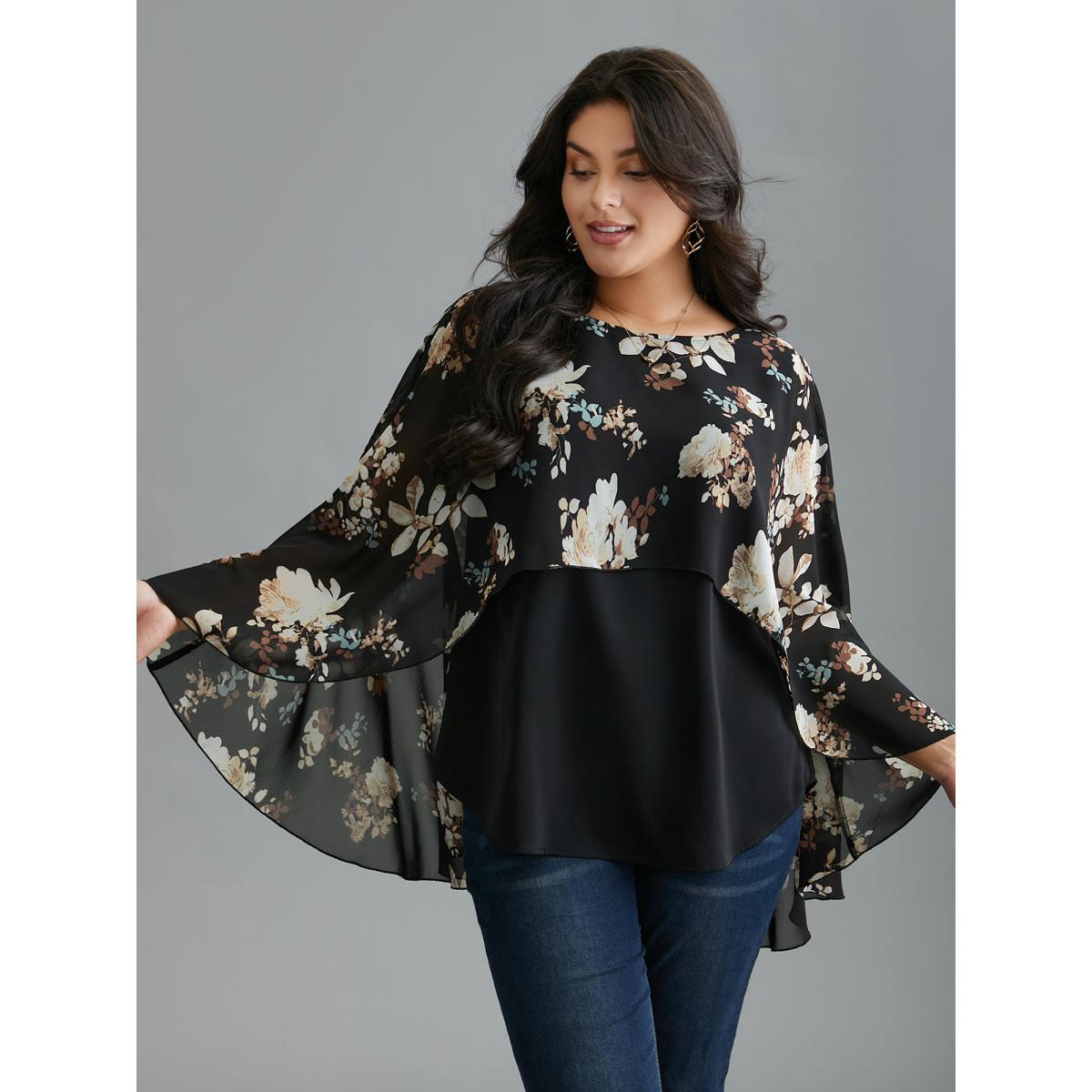 Plus Size Black Floral Chiffon High Low Hem Ruffles Blouse Women Romantic Three Quarter Length Sleeve Round Neck Elegant Blouses BloomChic 12/L Product Image