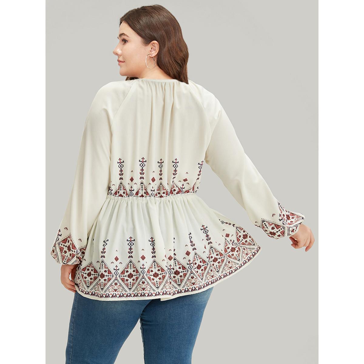 Plus Size Ivory Boho Print Crew Neck Gathered Elastic Waist Blouse Women Vacation Long Sleeve Round Neck Dailywear Blouses BloomChic 28/5X Product Image