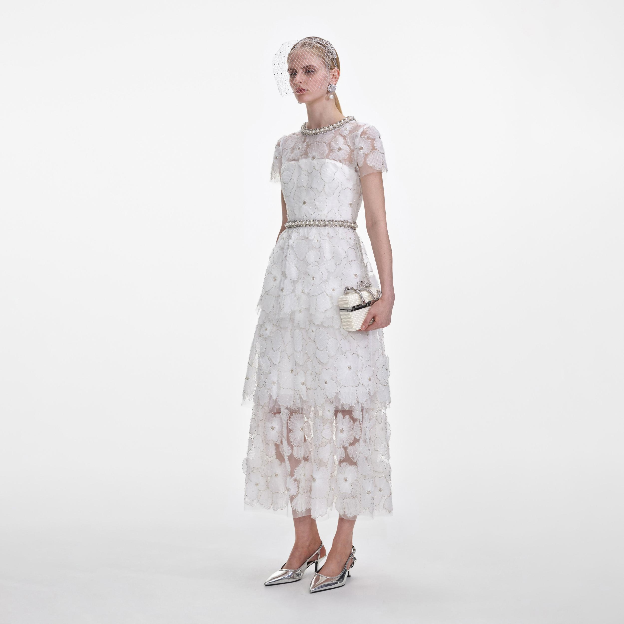 White Embellished Tulle Tiered Midi Dress Product Image