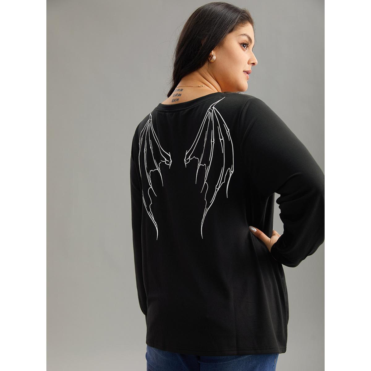 Plus Size Halloween Wing Print Elastic Cuffs Sweatshirt Women Black Casual Printed V-neck Dailywear Sweatshirts BloomChic 26/4X Product Image