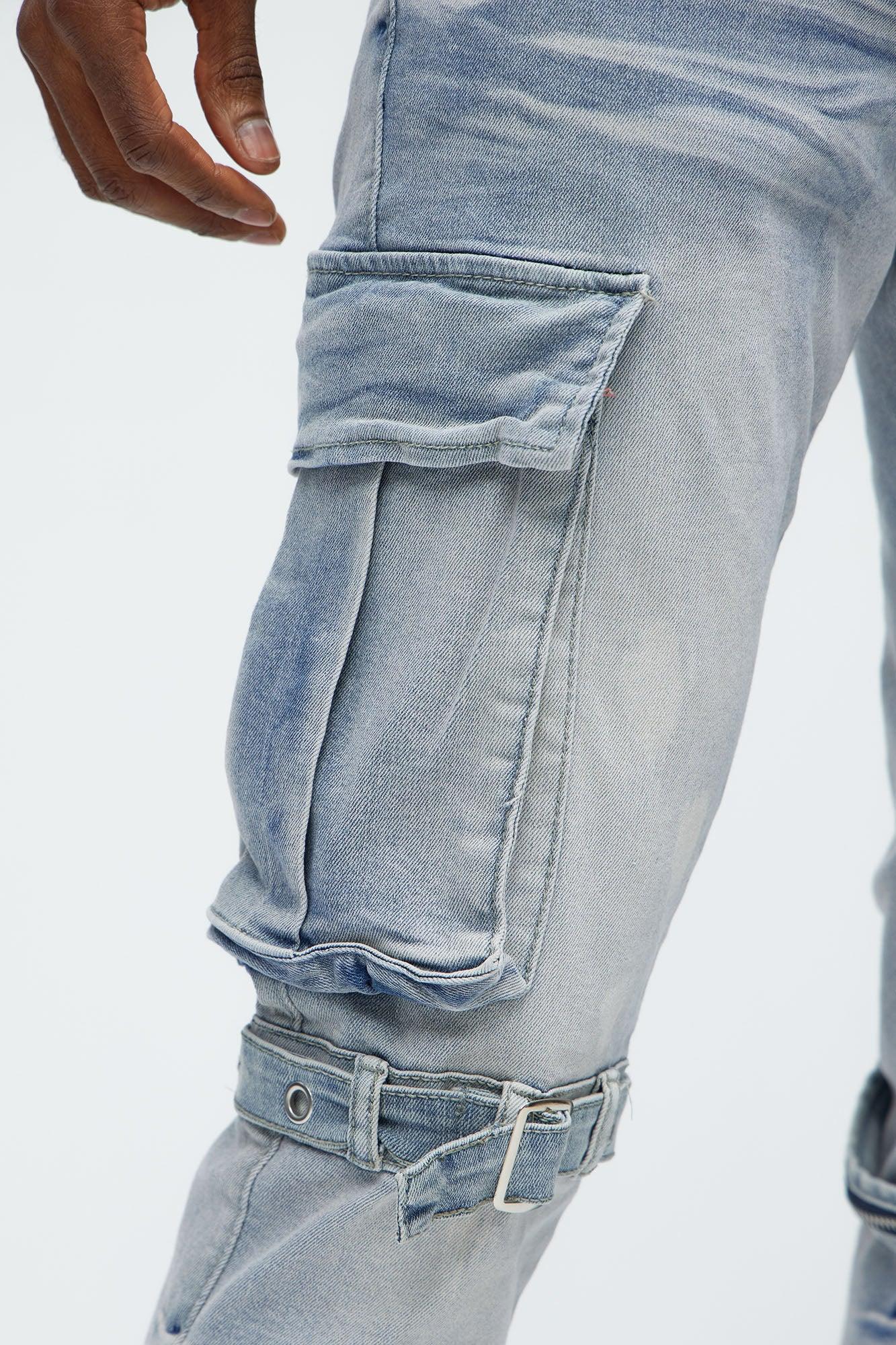 Buckle And Strap Stacked Skinny Jeans - Light Wash Product Image
