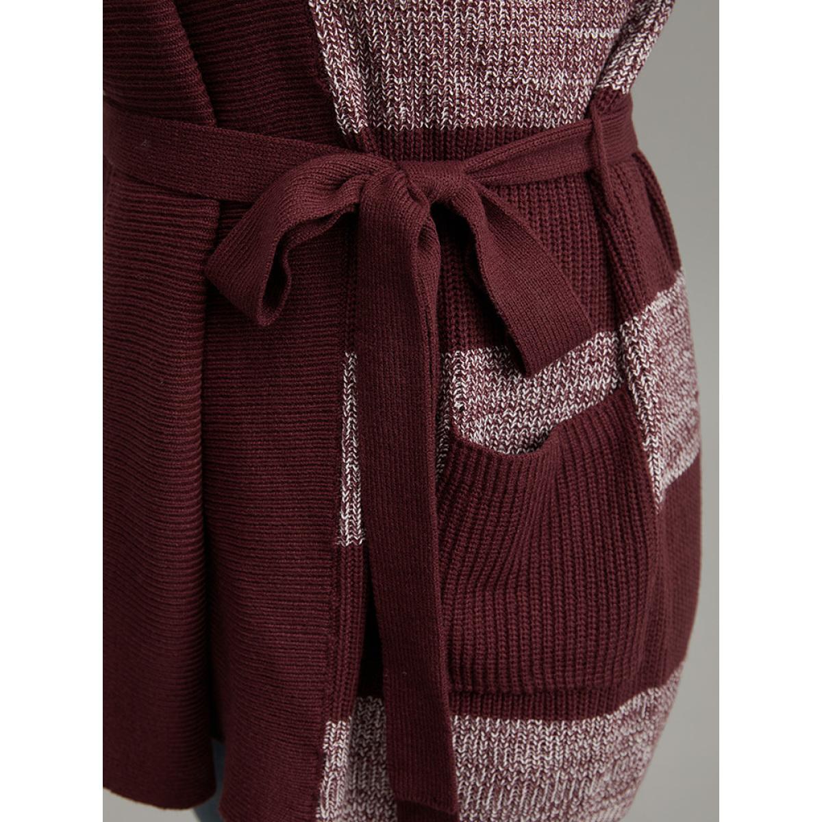 Plus Size Colorblock Heather Belted Pocket Cardigan Burgundy Women Casual Loose Long Sleeve Dailywear Cardigans BloomChic 14-16/1X Product Image