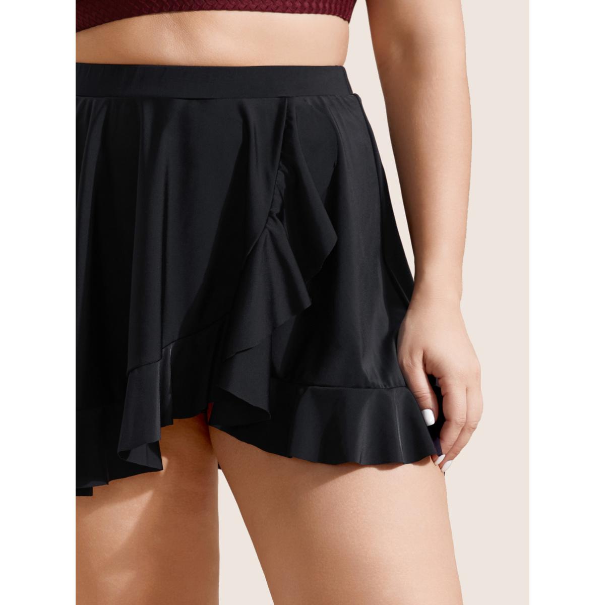 Plus Size Solid Ruffle Trim Elastic Waist Swim Bottom Women's Swimwear Black Beach Gathered High stretch Bodycon High Rise Curve Swim Bottoms BloomChic 12/L Product Image