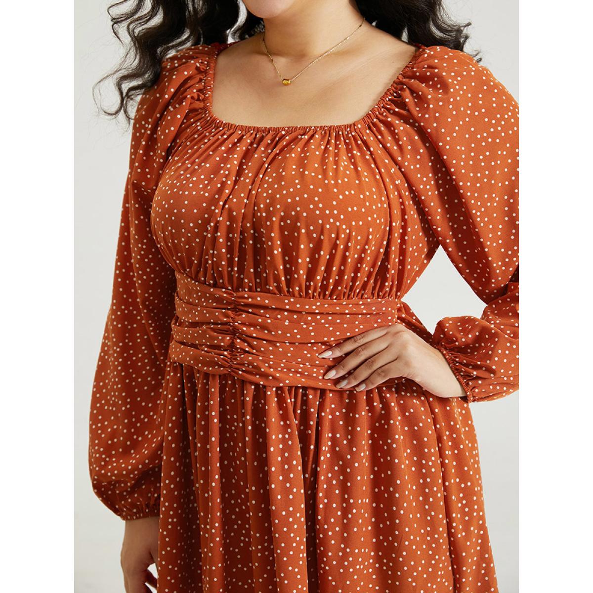 Plus Size Polka Dot Ruched Square Neck Dress Rust Women Elegant Elastic cuffs Square Neck Long Sleeve Curvy Midi Dress BloomChic 12/L Product Image