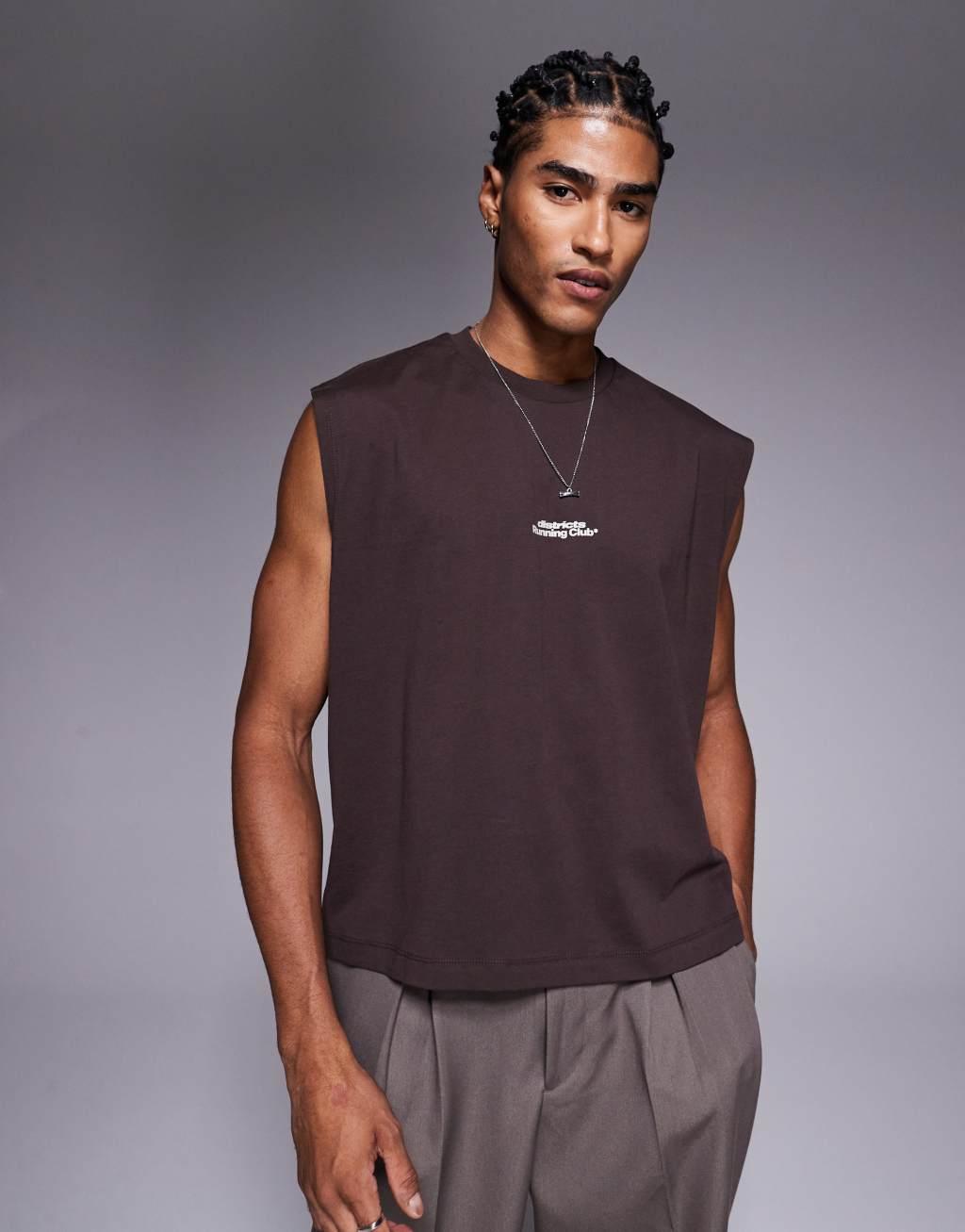 ASOS DESIGN boxy oversized athletic graphic tank top in brown Product Image