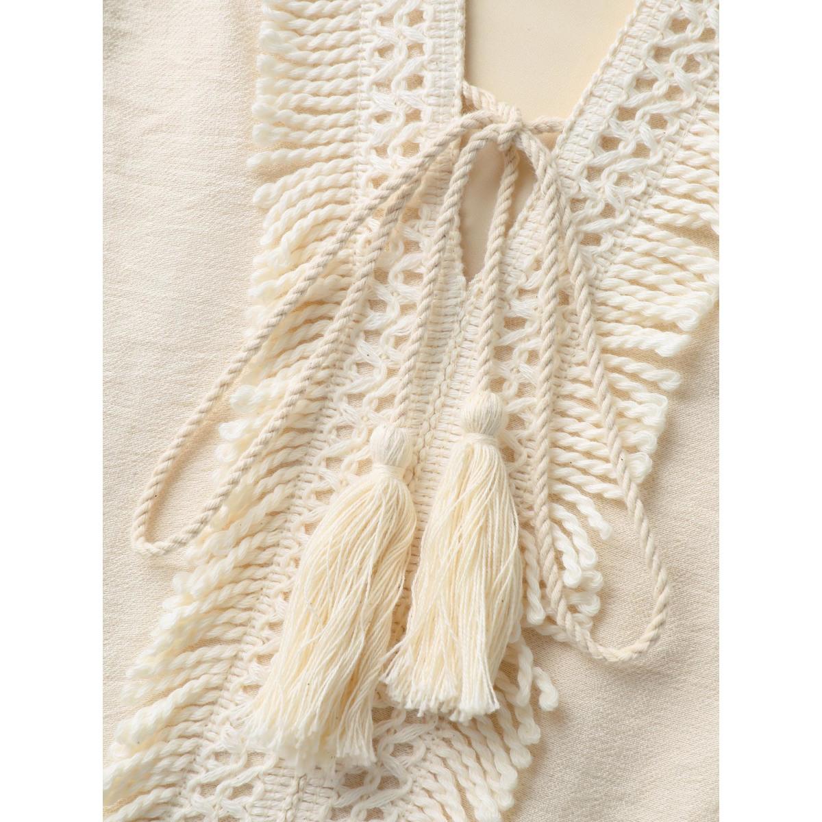 Plus Size Pure Cotton Tassels Lace Midi Dress Apricot Women Boho Woven ribbon&lace trim Flat collar with V-notch Sleeveless Curvy BloomChic 12/L Product Image