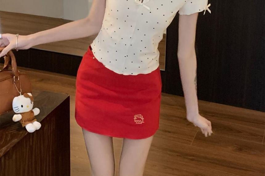 Short-Sleeve Scoop Neck Dotted Bow Accent Cutout Crop T-Shirt Product Image