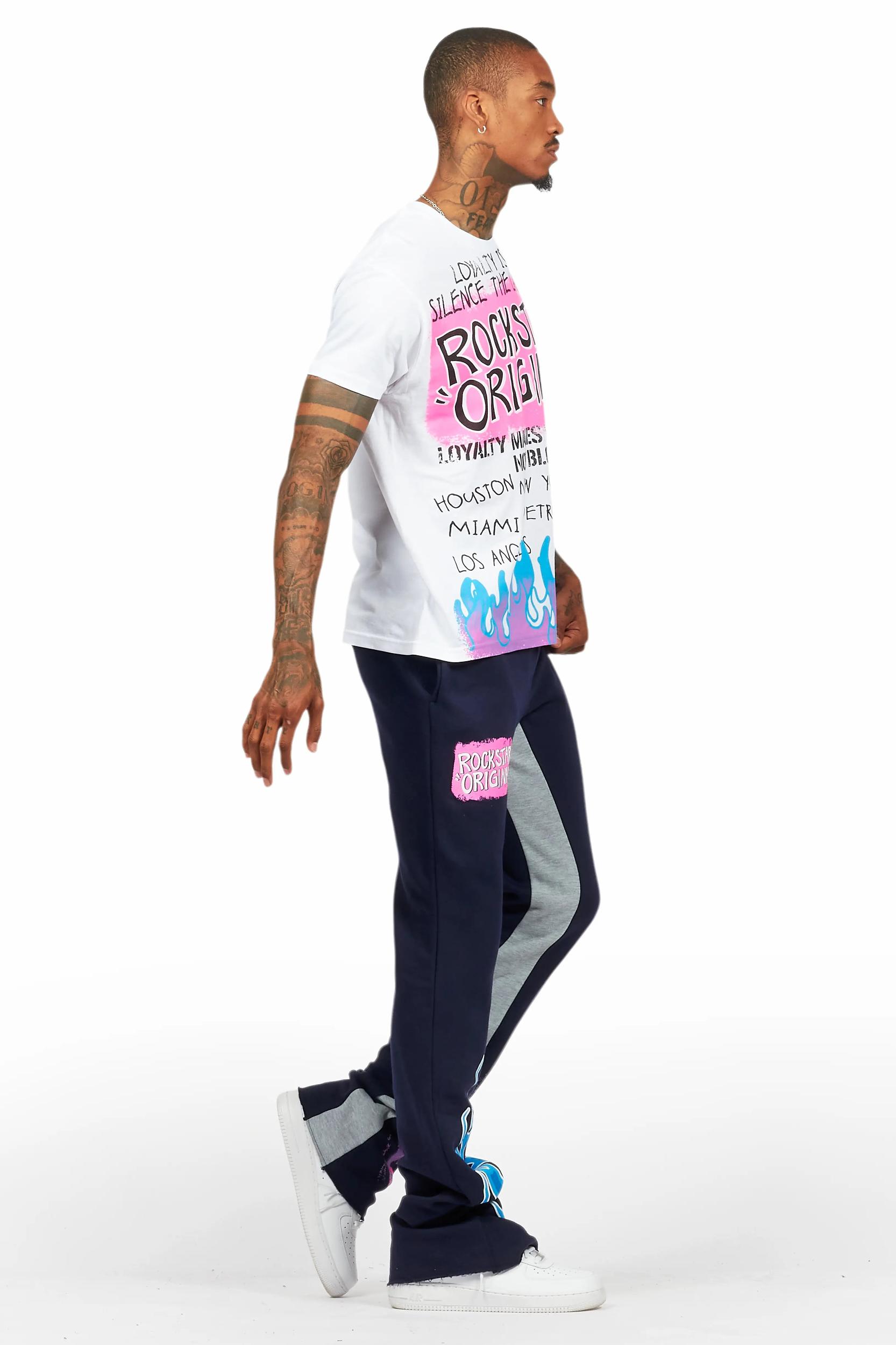 Beno White/Navy T-Shirt/Baggy Stacked Pant Set Male Product Image