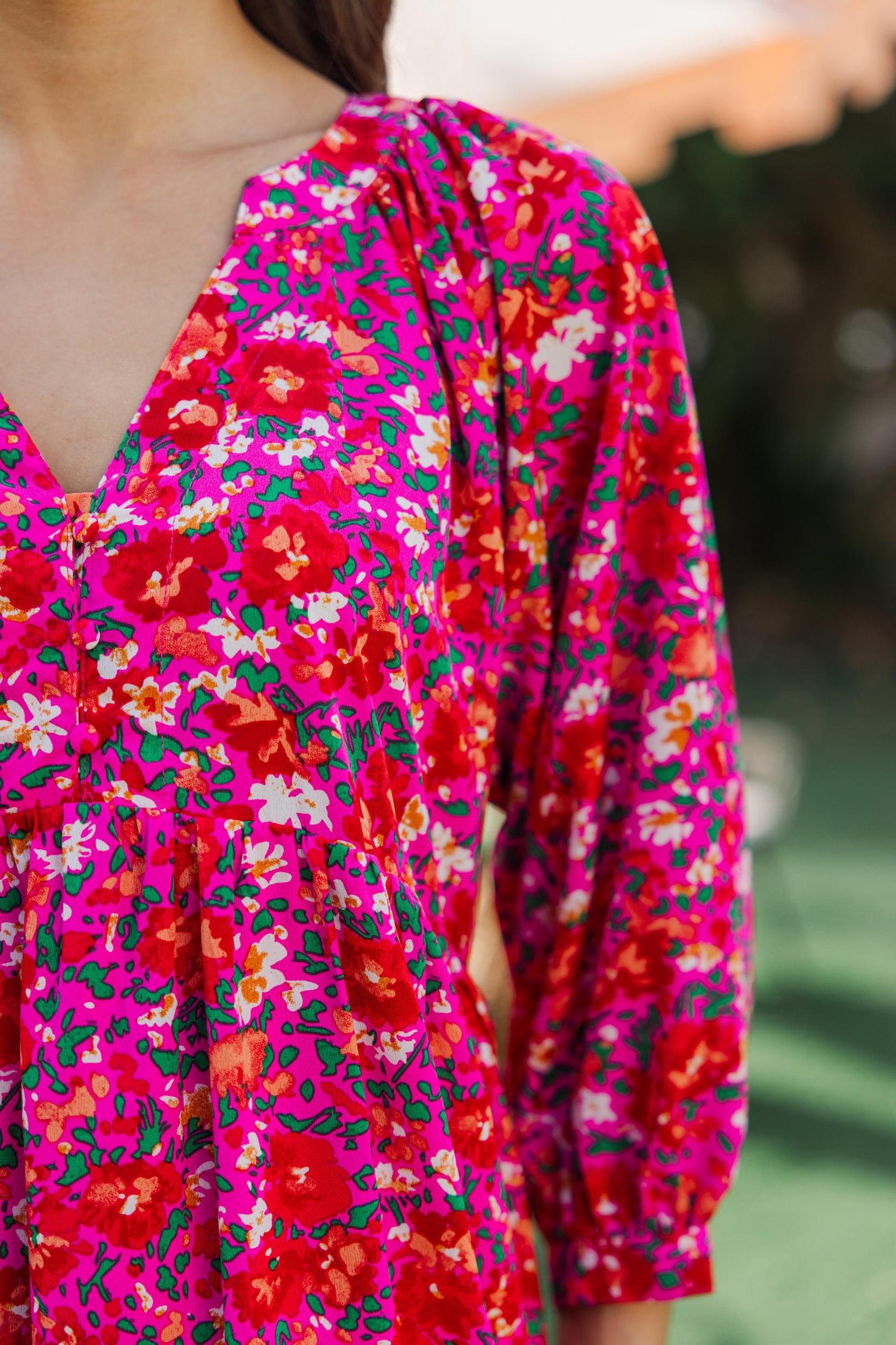 Can't Be Outdone Fuchsia Pink Ditsy Floral Babydoll Dress Female Product Image