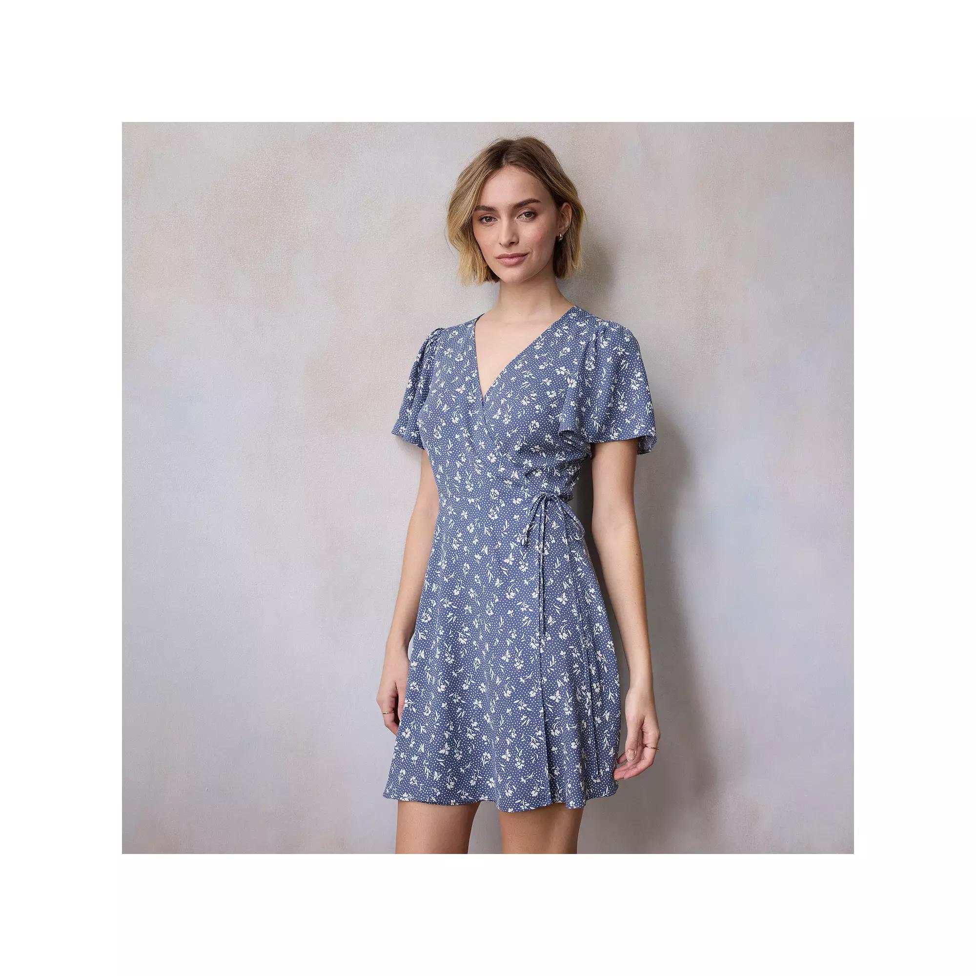 Women's LC Lauren Conrad Short Sleeve Wrap Mini Dress, Size: Large, Blue Dottie Fleur Product Image