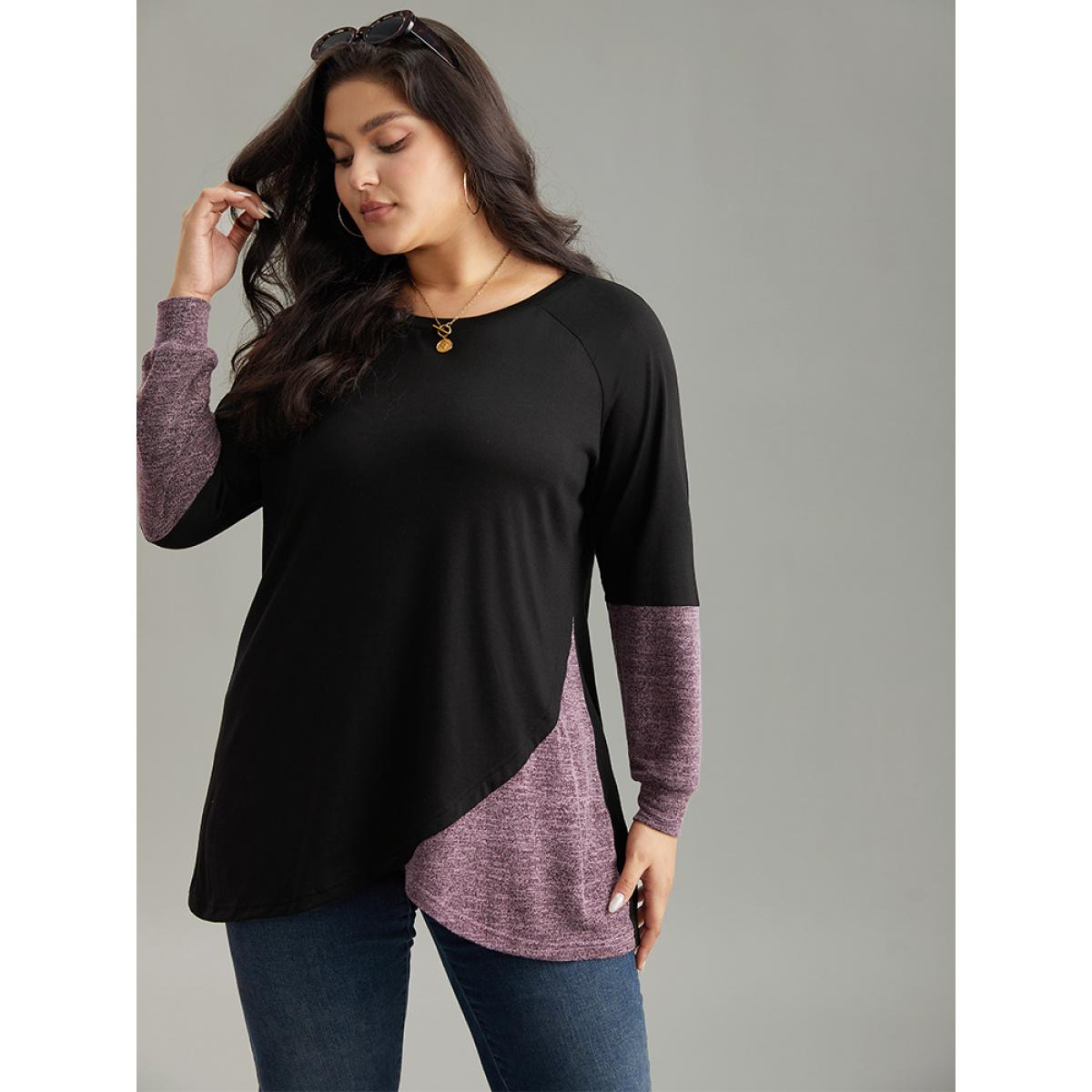 Plus Size Two Tone Patchwork Heather Arc Hem T-shirt Black Women Casual Contrast Plain Round Neck Dailywear T-shirts BloomChic 28/5X Product Image